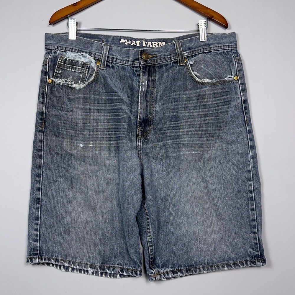 Phat Farm Y2K Baggy Denim Shorts Mens 36 Distressed Blue Hip Hop Jorts Skate